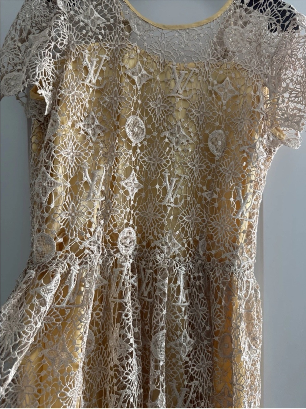 Louis Vuitton Cream Lace Overlay Yellow Dress